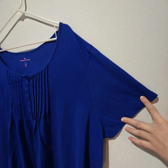 Woman Within Pleated Button 4X Short Sleeve Shirt Top Royal Blue - Picture 6 of 8
